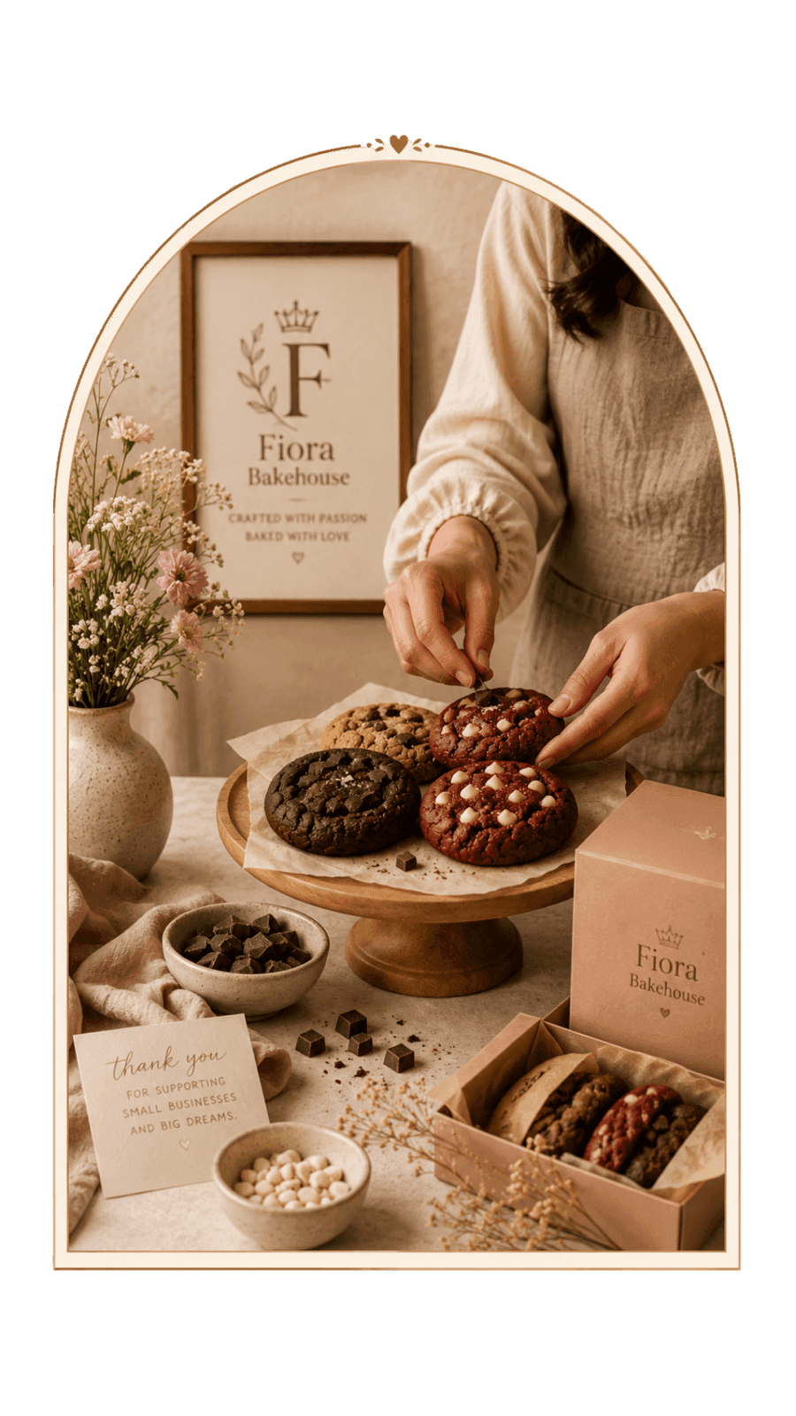 Yashaa arranging fresh Fiora Bakehouse gourmet cookies — red velvet, chocolate, and chocolate chip — on a cake stand in Vadodara