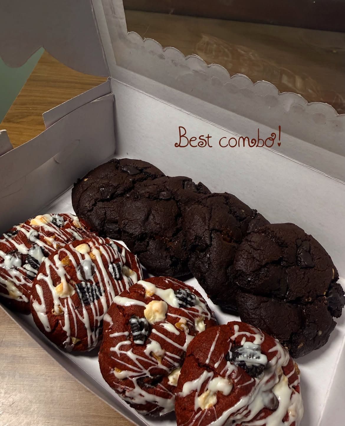 Red velvet choco-filled cookies & triple dark chocolate chip, available now.